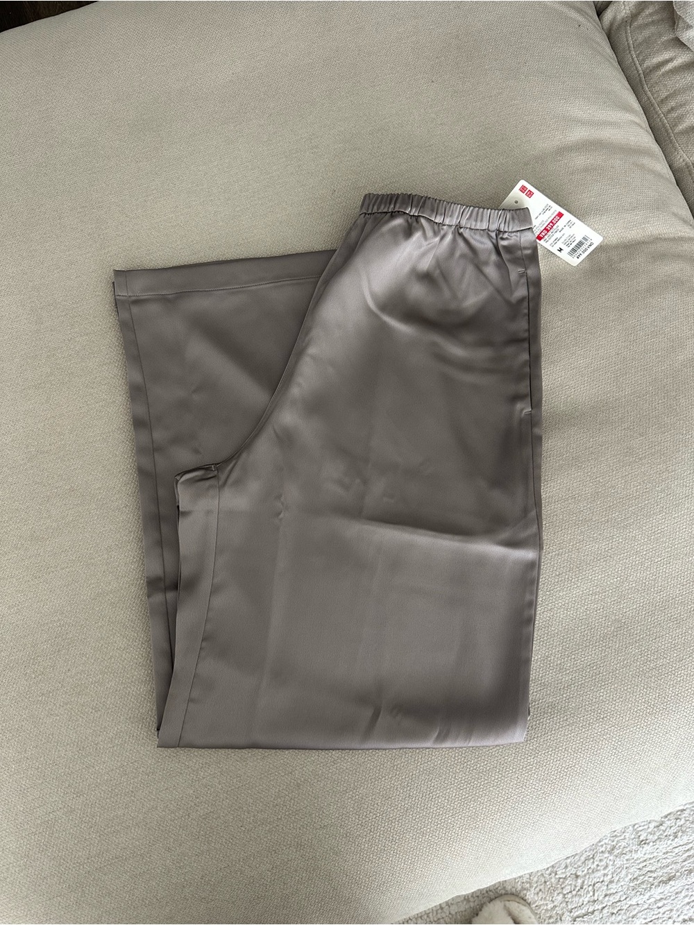 Uniqlo Straight-Leg Satin-Feel Pants in Taupe Gray/Purple Tint